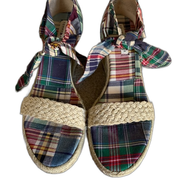 Tommy Hilfiger Madras Plaid Wedge Espadrille Sandals Size 9M - Picture 6 of 8